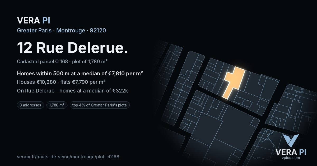 12 Rue Delerue, Montrouge at night – the plot lit, the parcels around coloured by the prices near them