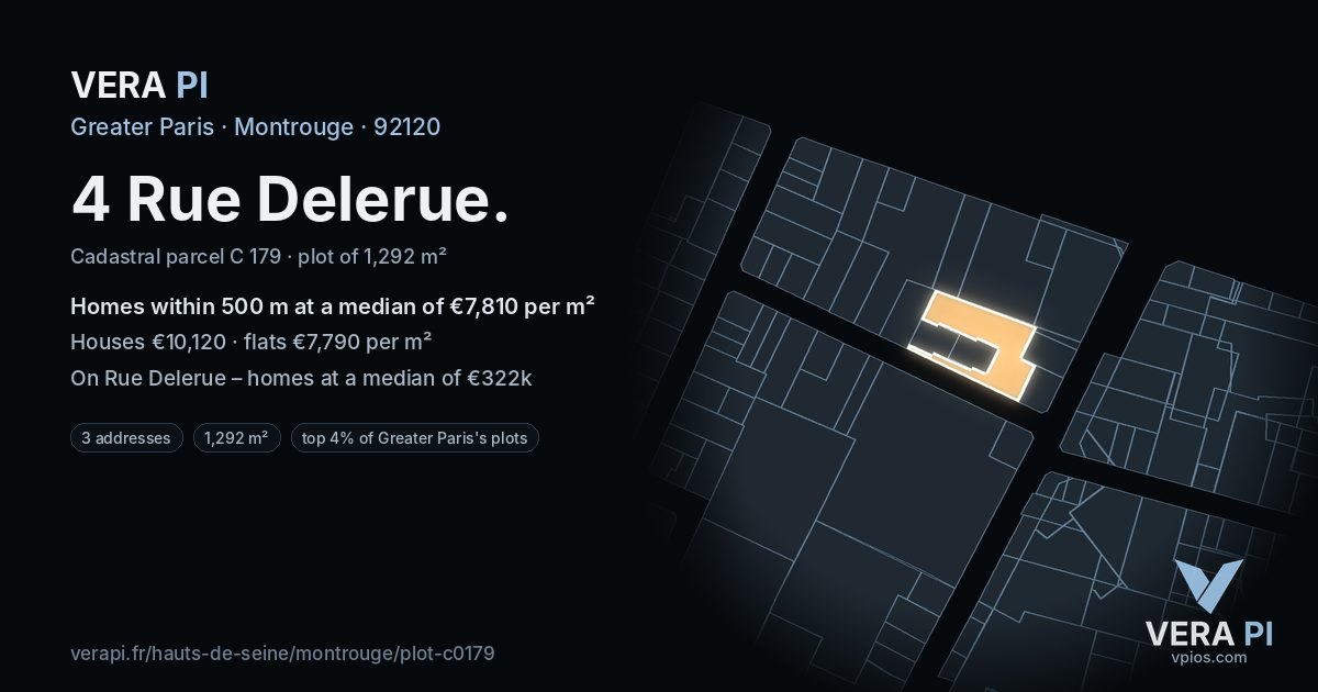 4 Rue Delerue, Montrouge at night – the plot lit, the parcels around coloured by the prices near them