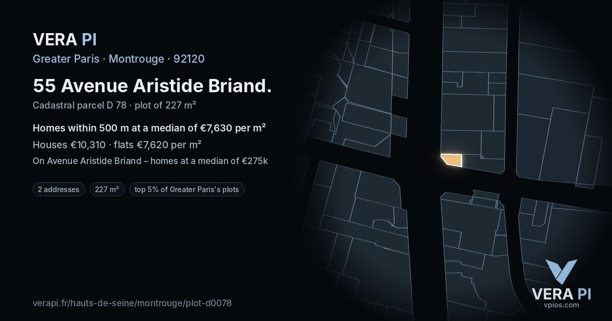 55 Avenue Aristide Briand, Montrouge at night – the plot lit, the parcels around coloured by the prices near them