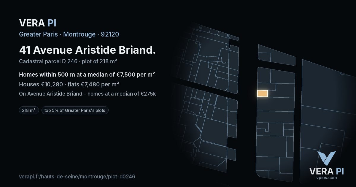 41 Avenue Aristide Briand, Montrouge at night – the plot lit, the parcels around coloured by the prices near them