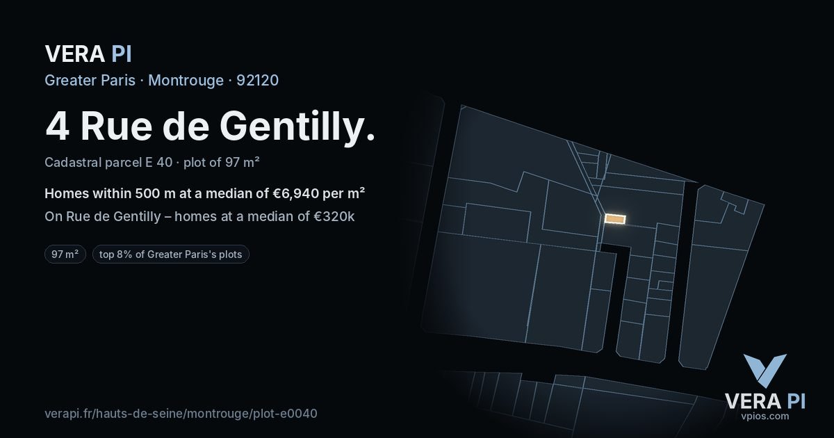 4 Rue de Gentilly, Montrouge at night – the plot lit, the parcels around coloured by the prices near them