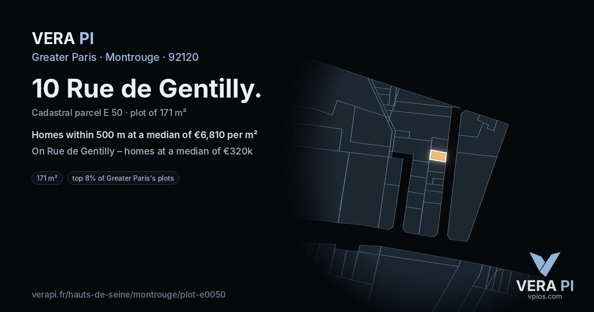 10 Rue de Gentilly, Montrouge at night – the plot lit, the parcels around coloured by the prices near them
