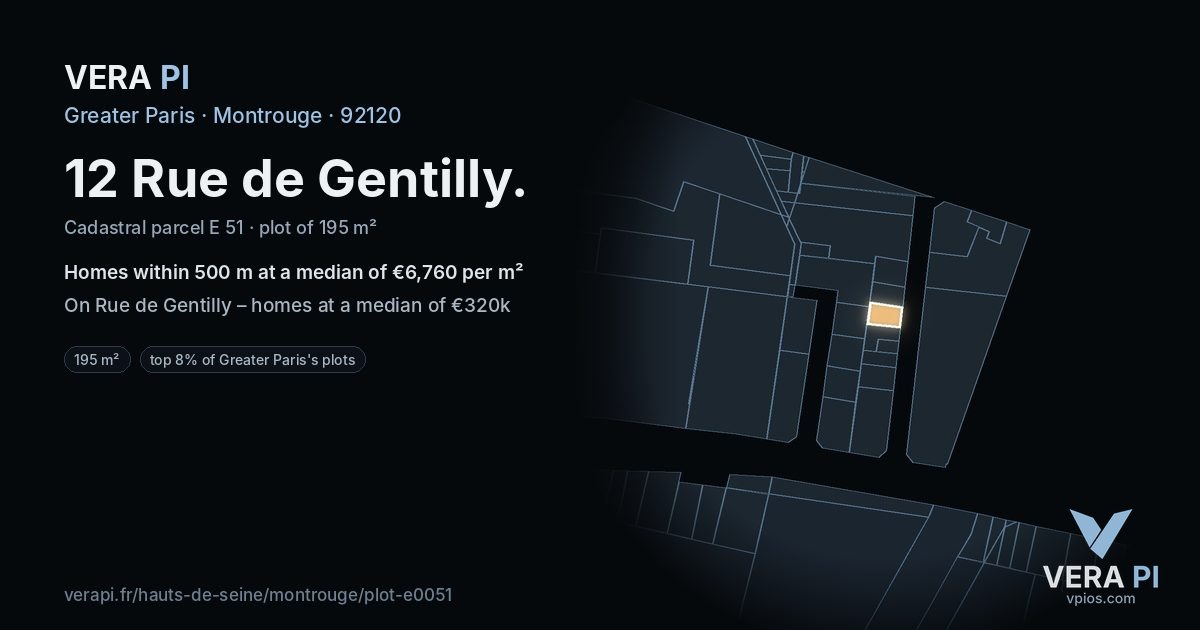 12 Rue de Gentilly, Montrouge at night – the plot lit, the parcels around coloured by the prices near them
