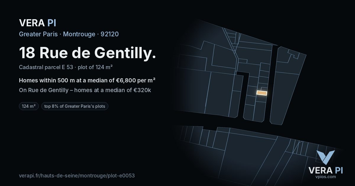 18 Rue de Gentilly, Montrouge at night – the plot lit, the parcels around coloured by the prices near them