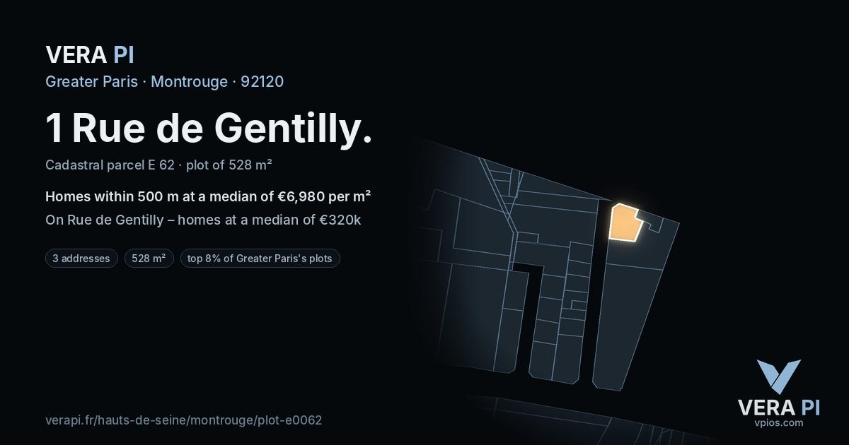 1 Rue de Gentilly, Montrouge at night – the plot lit, the parcels around coloured by the prices near them