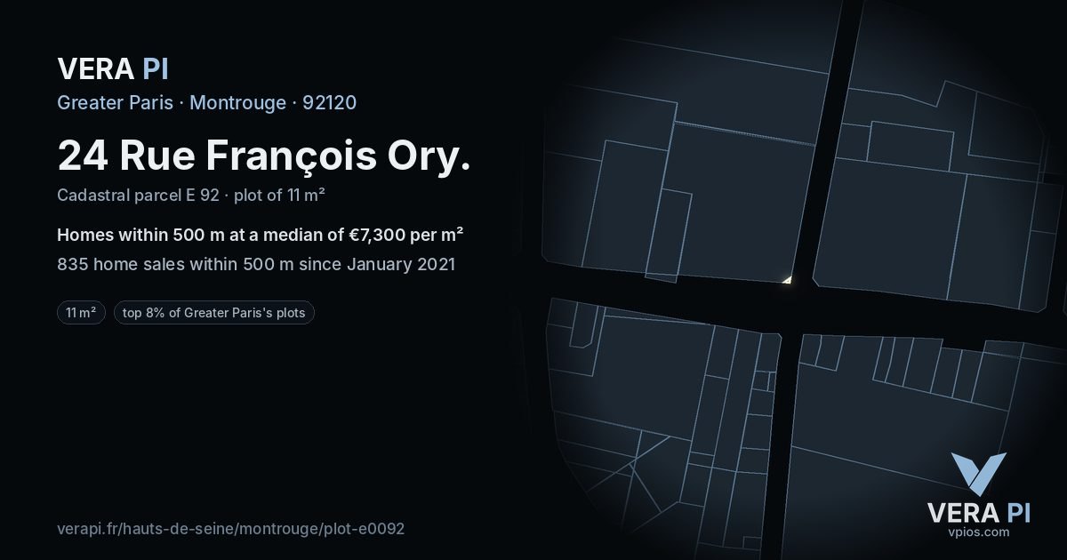 24 Rue François Ory, Montrouge at night – the plot lit, the parcels around coloured by the prices near them