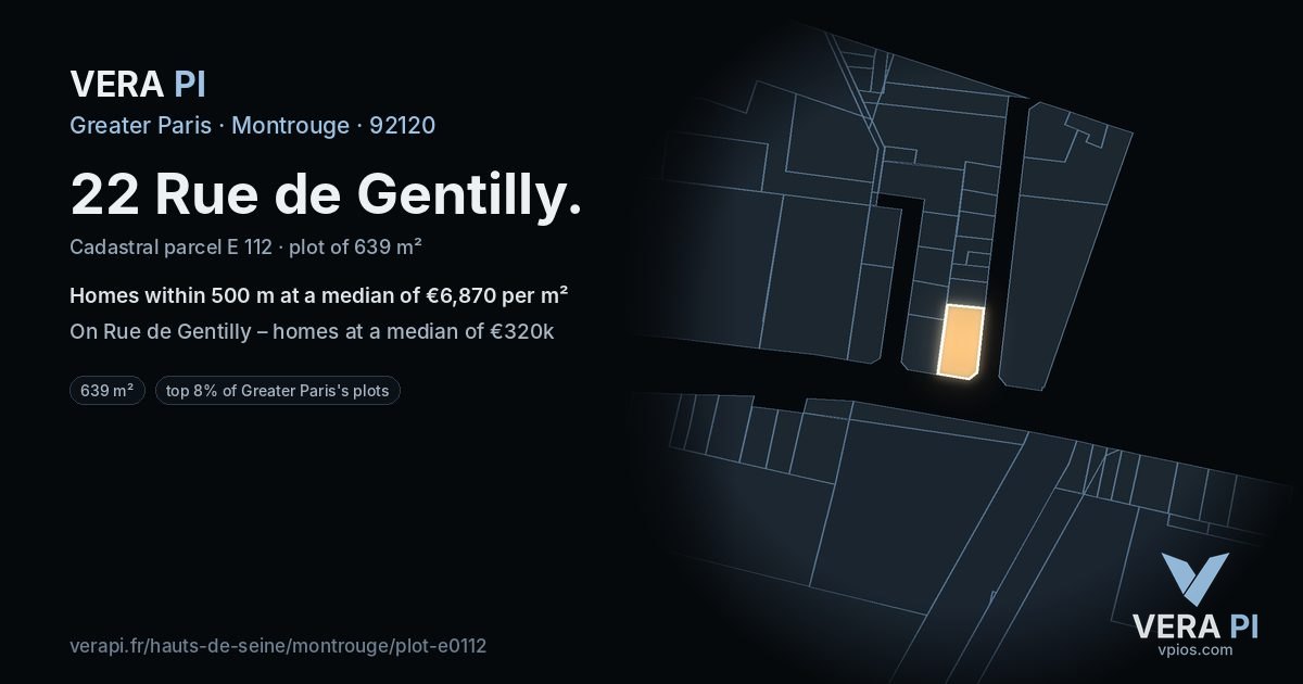 22 Rue de Gentilly, Montrouge at night – the plot lit, the parcels around coloured by the prices near them