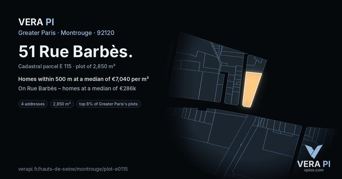 51 Rue Barbès, Montrouge at night – the plot lit, the parcels around coloured by the prices near them