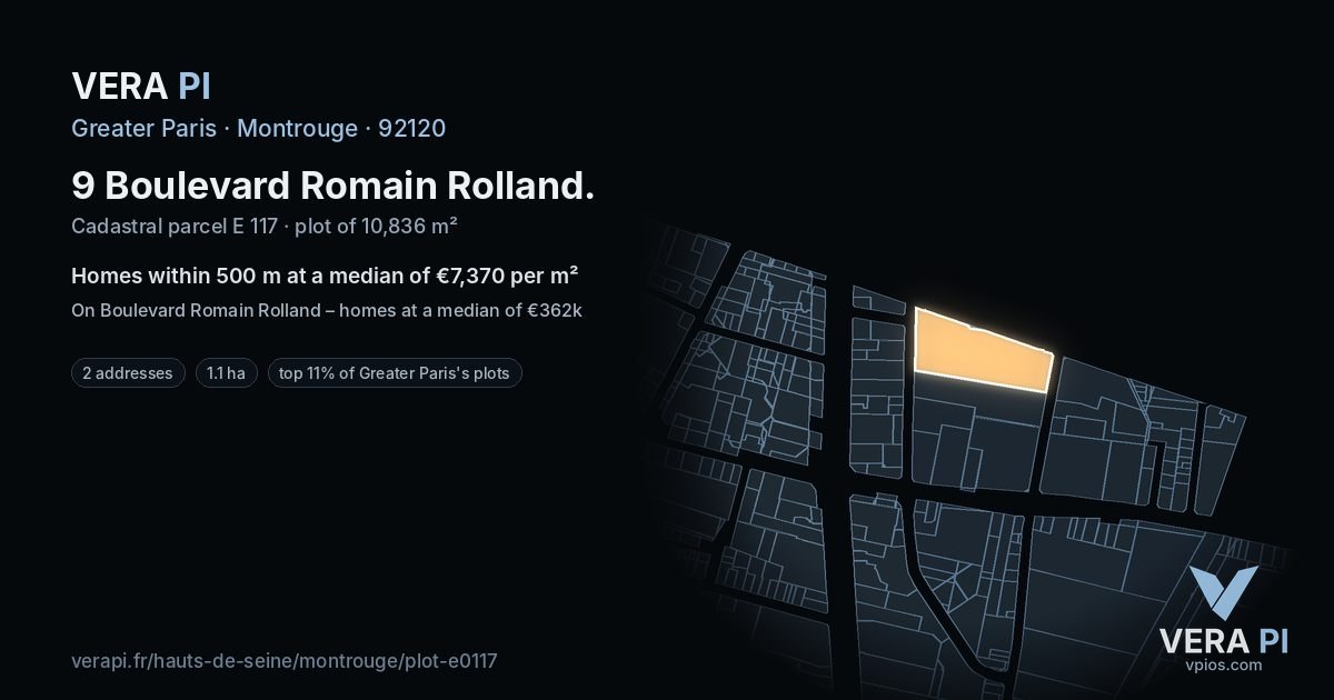 9 Boulevard Romain Rolland, Montrouge at night – the plot lit, the parcels around coloured by the prices near them