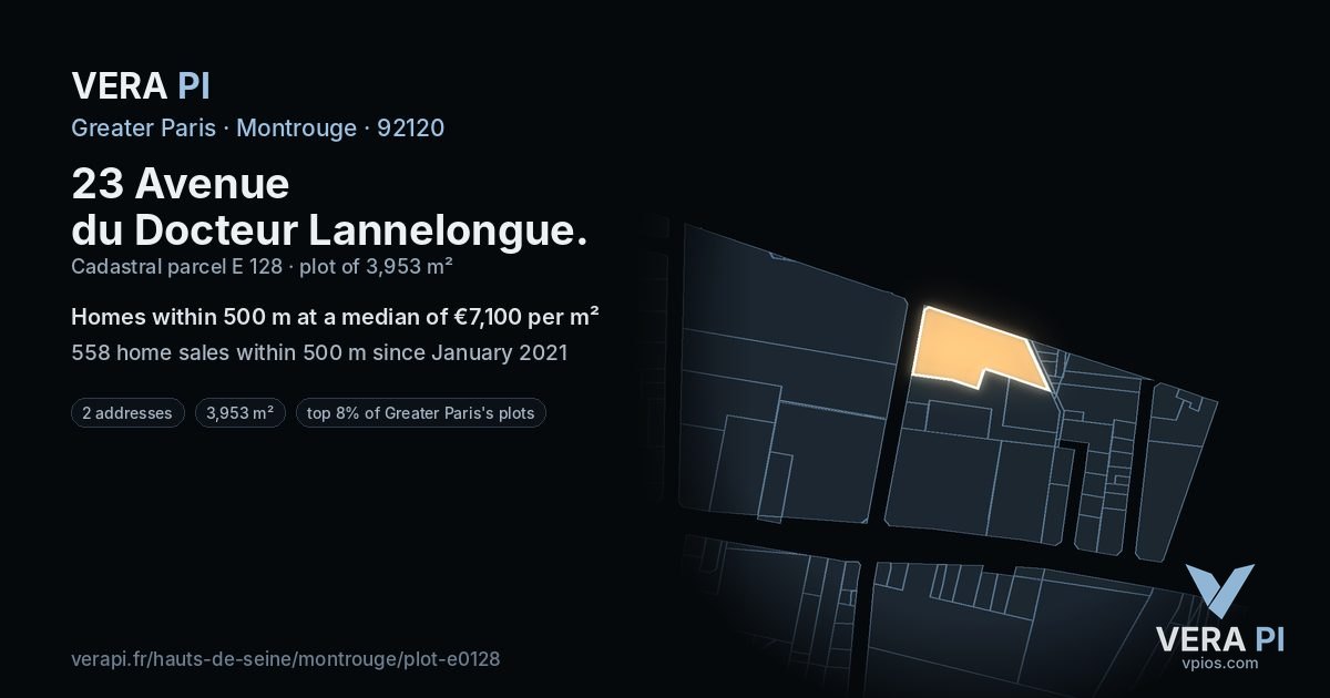 23 Avenue du Docteur Lannelongue, Montrouge at night – the plot lit, the parcels around coloured by the prices near them