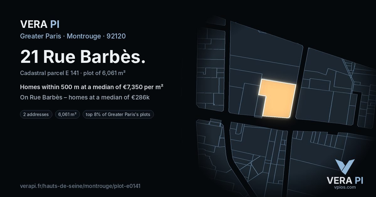 21 Rue Barbès, Montrouge at night – the plot lit, the parcels around coloured by the prices near them