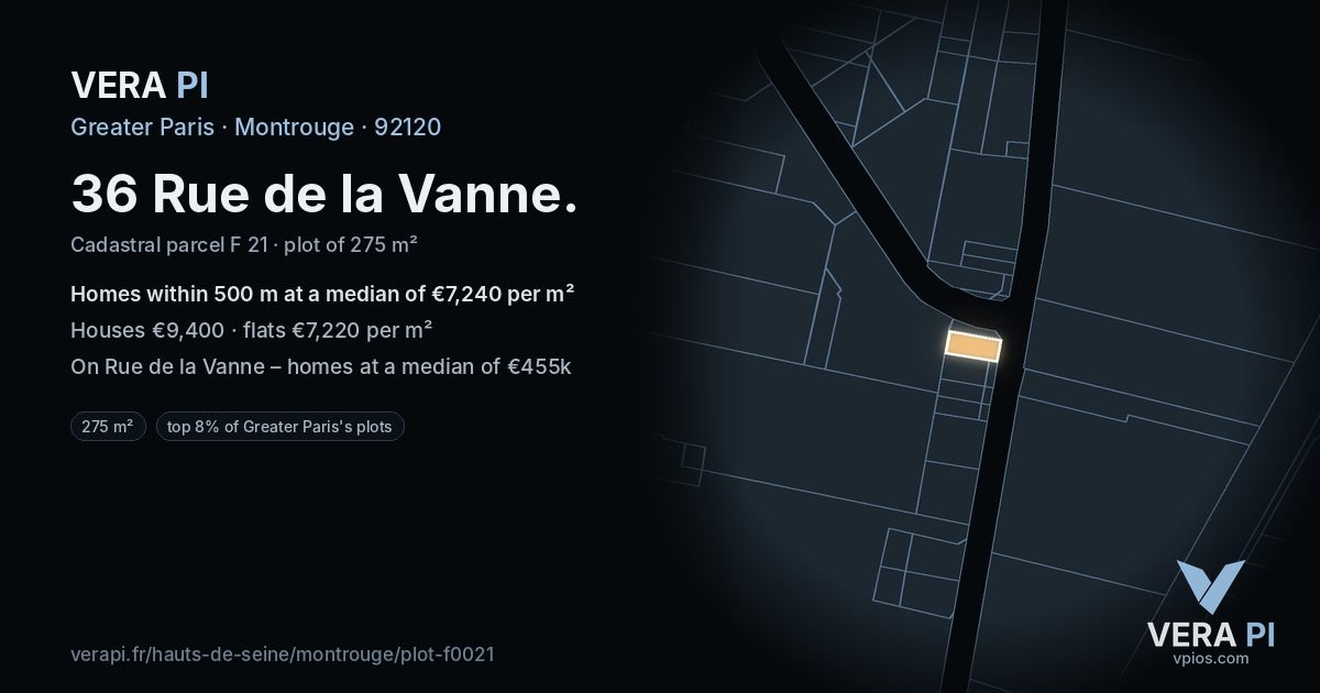36 Rue de la Vanne, Montrouge at night – the plot lit, the parcels around coloured by the prices near them