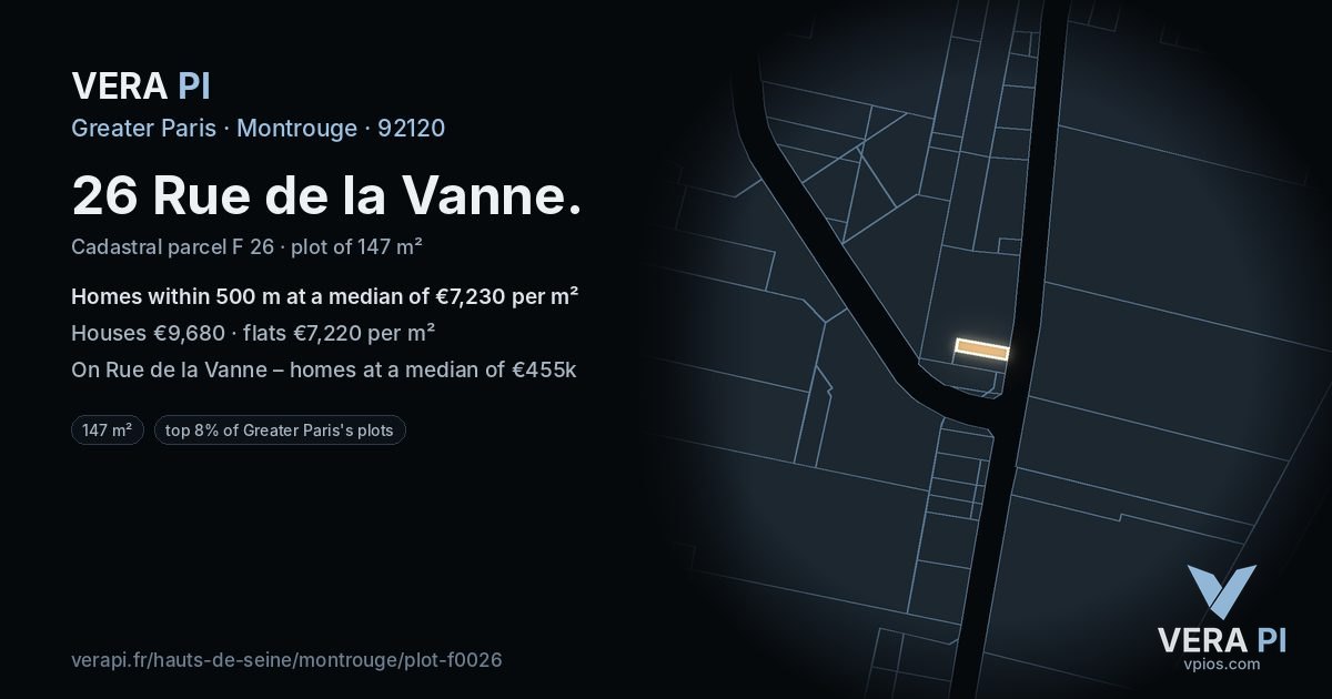26 Rue de la Vanne, Montrouge at night – the plot lit, the parcels around coloured by the prices near them