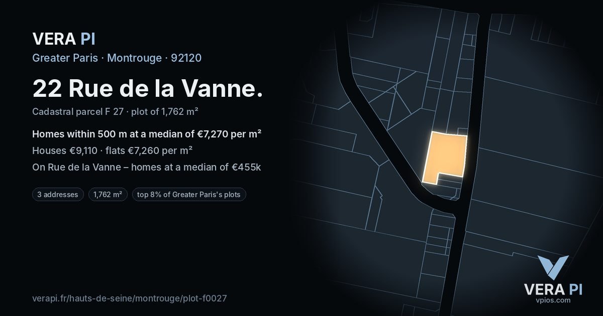 22 Rue de la Vanne, Montrouge at night – the plot lit, the parcels around coloured by the prices near them