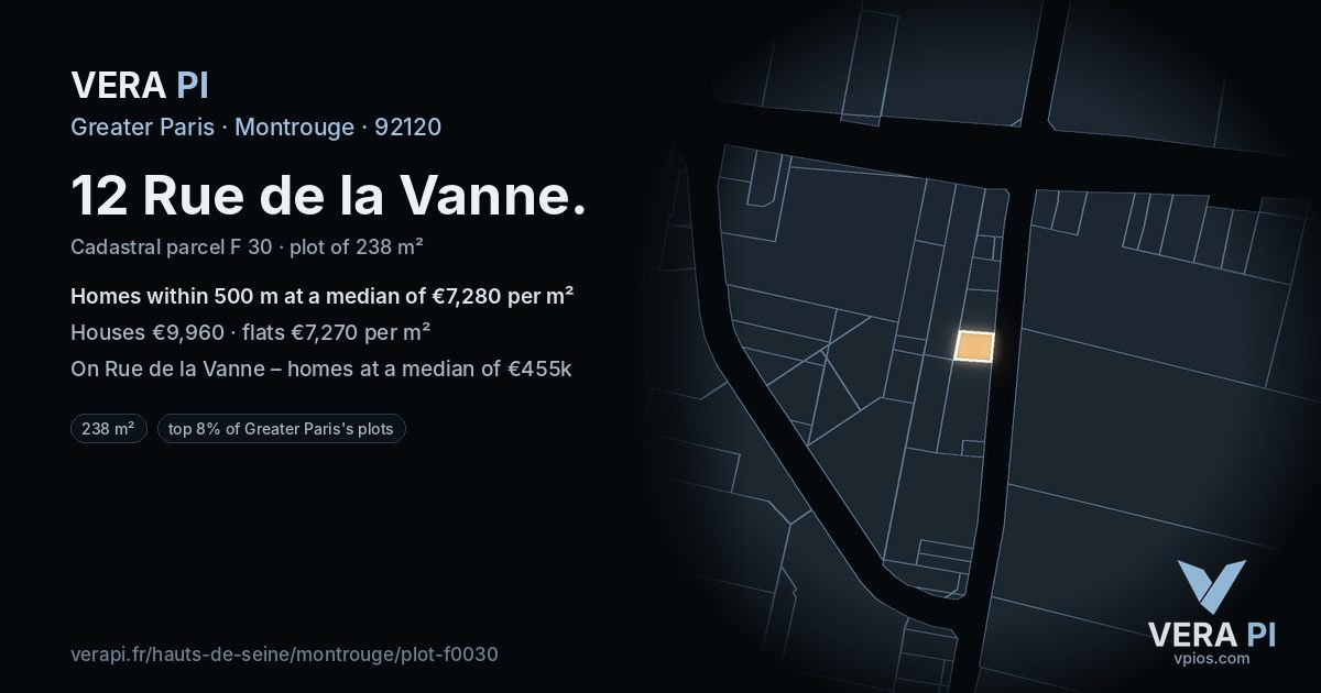 12 Rue de la Vanne, Montrouge at night – the plot lit, the parcels around coloured by the prices near them