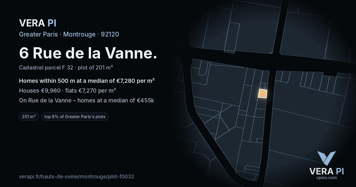 6 Rue de la Vanne, Montrouge at night – the plot lit, the parcels around coloured by the prices near them