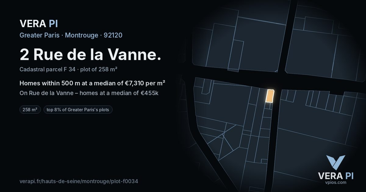 2 Rue de la Vanne, Montrouge at night – the plot lit, the parcels around coloured by the prices near them