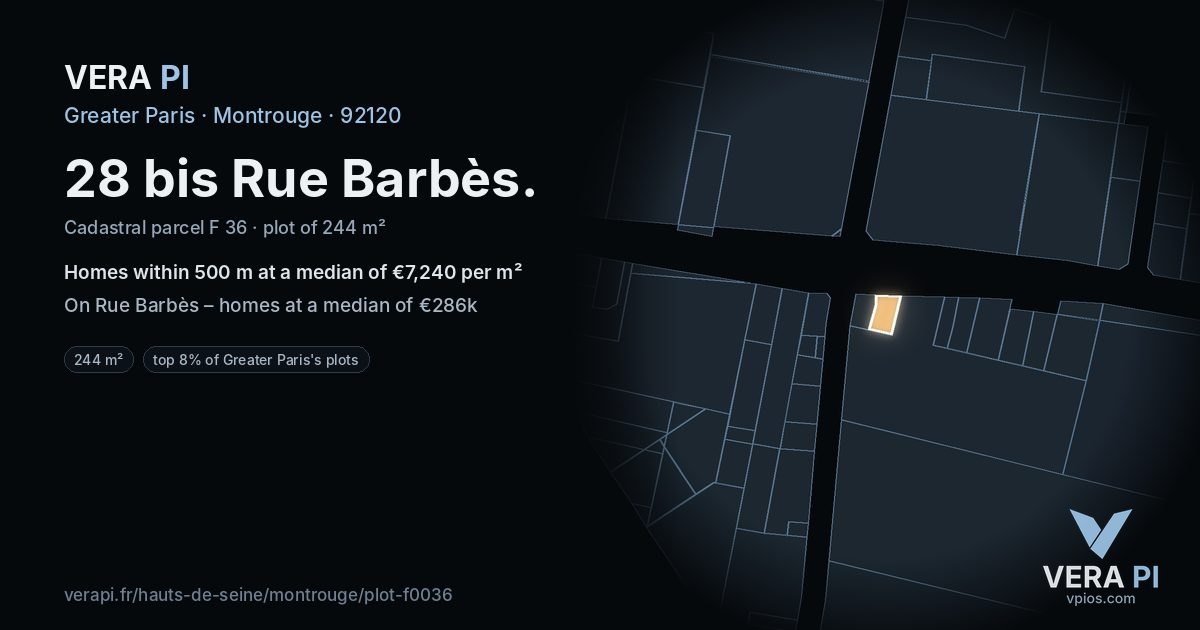 28 bis Rue Barbès, Montrouge at night – the plot lit, the parcels around coloured by the prices near them