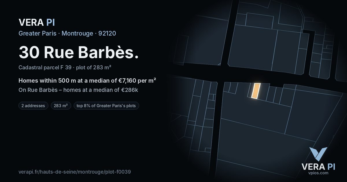 30 Rue Barbès, Montrouge at night – the plot lit, the parcels around coloured by the prices near them
