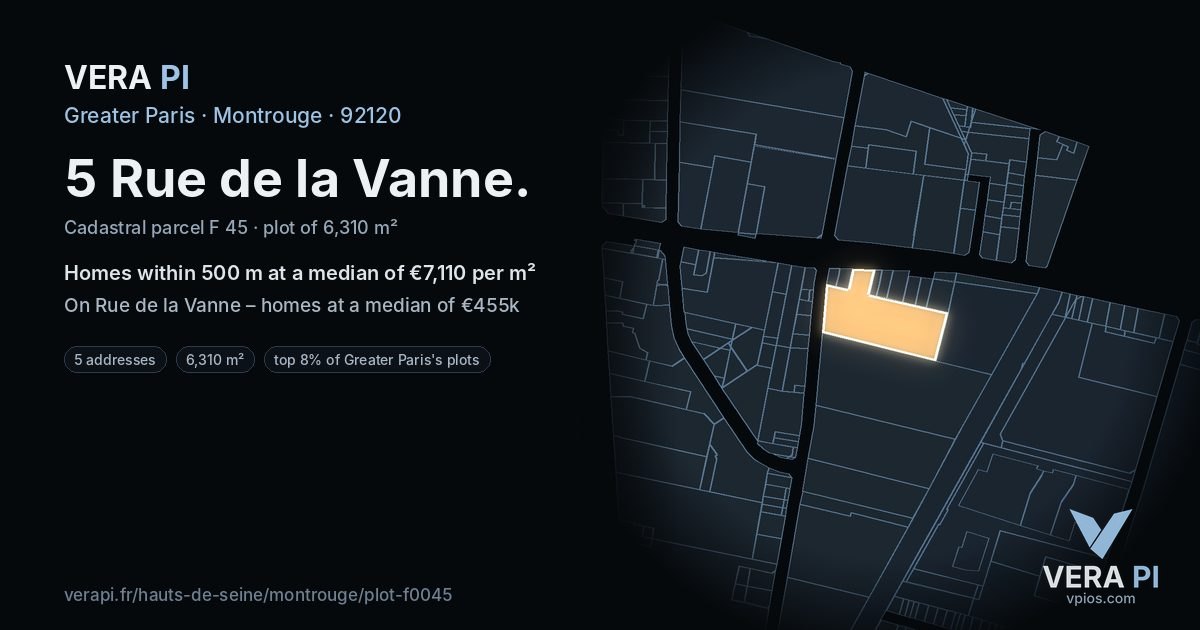 5 Rue de la Vanne, Montrouge at night – the plot lit, the parcels around coloured by the prices near them