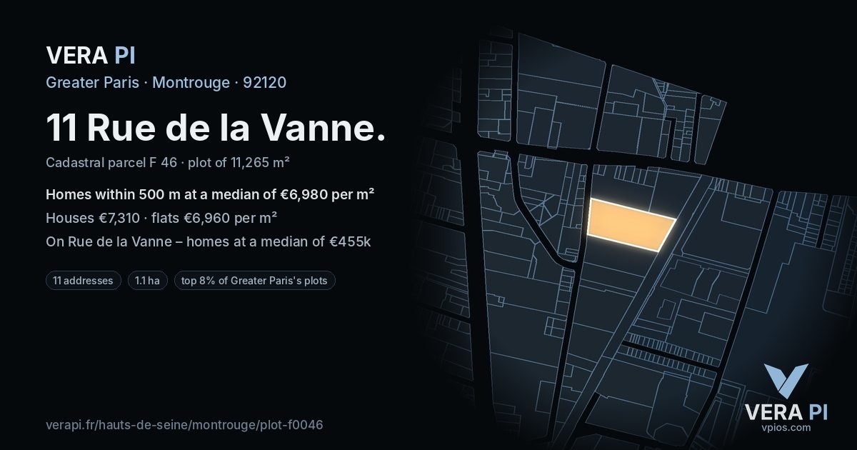 11 Rue de la Vanne, Montrouge at night – the plot lit, the parcels around coloured by the prices near them