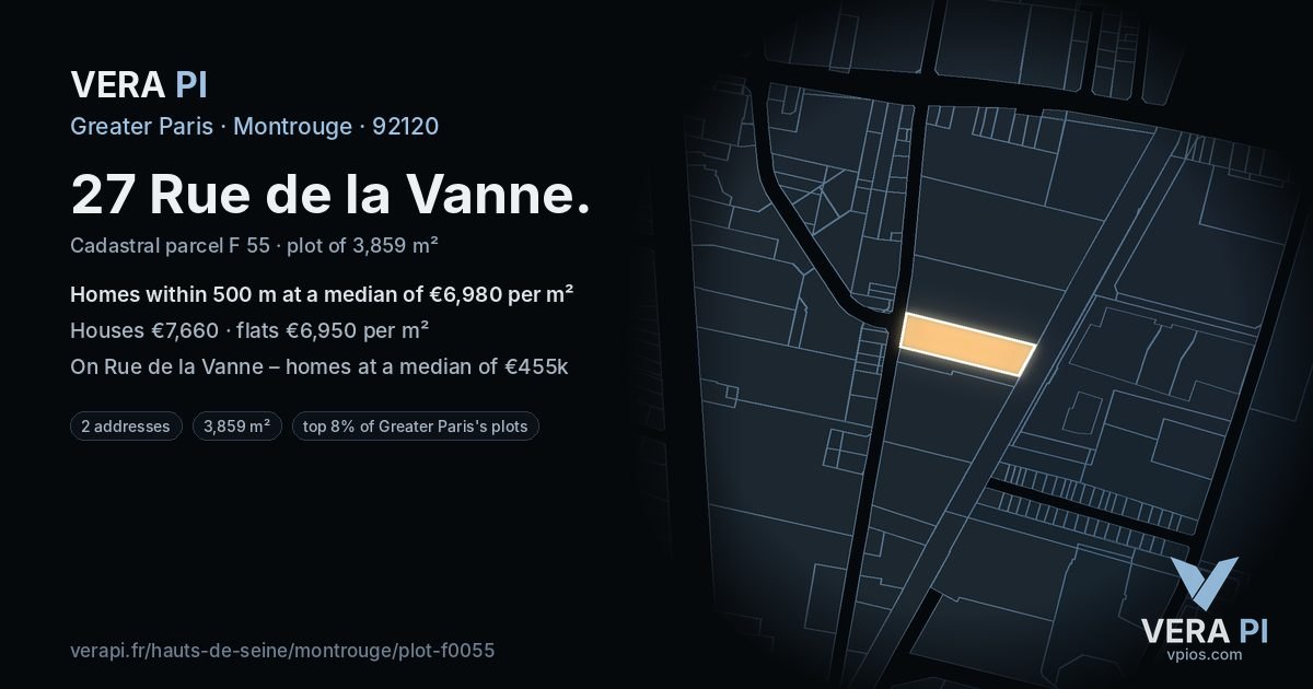27 Rue de la Vanne, Montrouge at night – the plot lit, the parcels around coloured by the prices near them