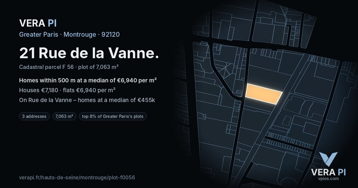21 Rue de la Vanne, Montrouge at night – the plot lit, the parcels around coloured by the prices near them