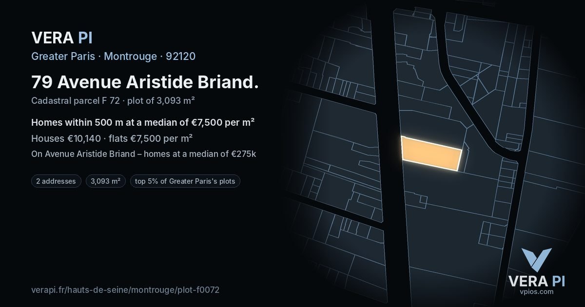 79 Avenue Aristide Briand, Montrouge at night – the plot lit, the parcels around coloured by the prices near them