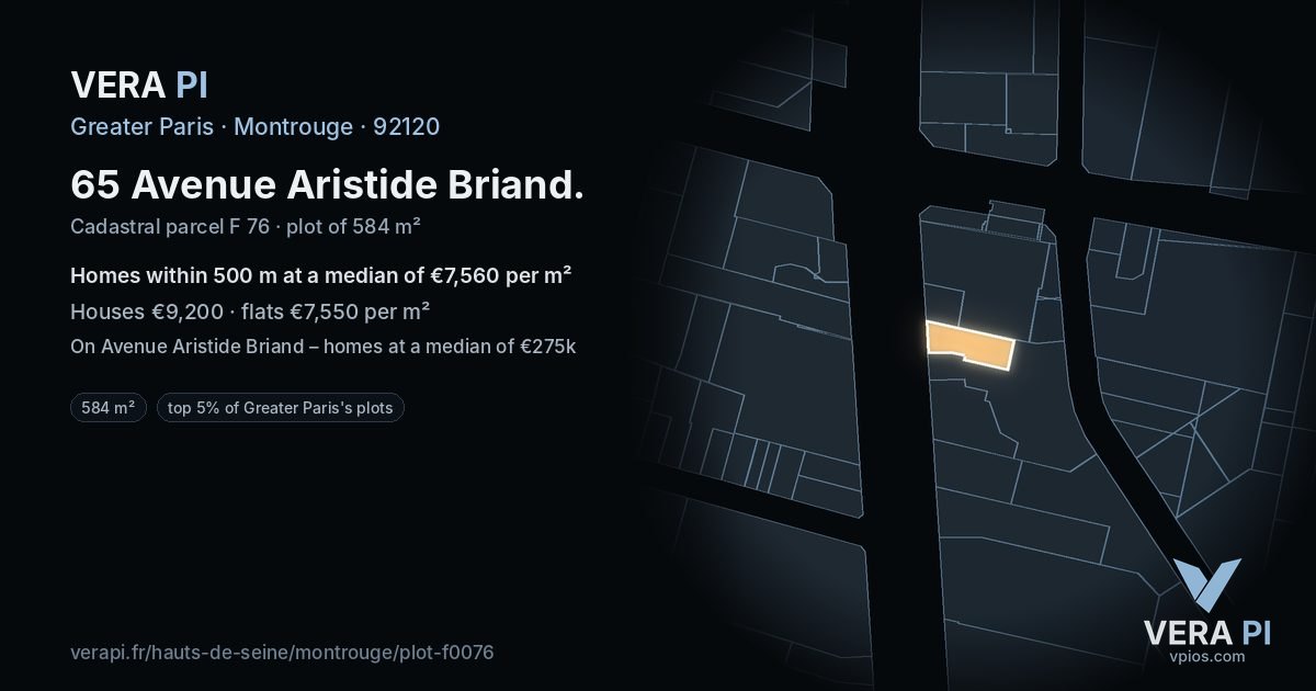 65 Avenue Aristide Briand, Montrouge at night – the plot lit, the parcels around coloured by the prices near them