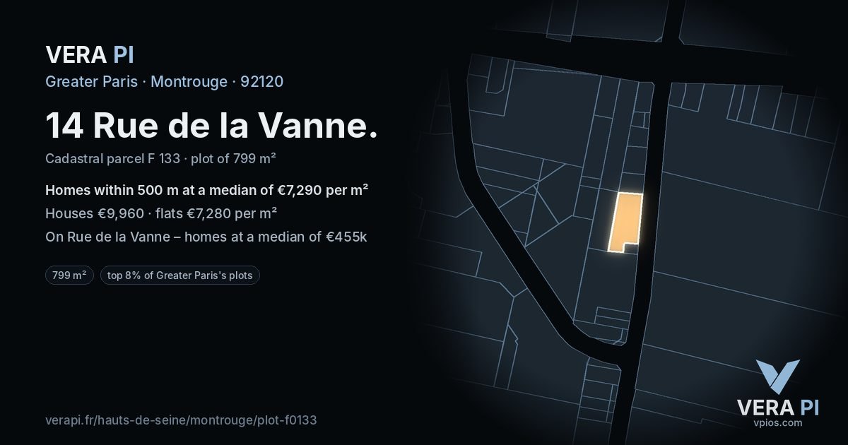14 Rue de la Vanne, Montrouge at night – the plot lit, the parcels around coloured by the prices near them