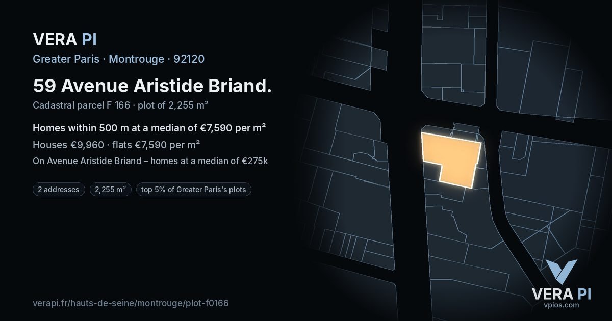59 Avenue Aristide Briand, Montrouge at night – the plot lit, the parcels around coloured by the prices near them