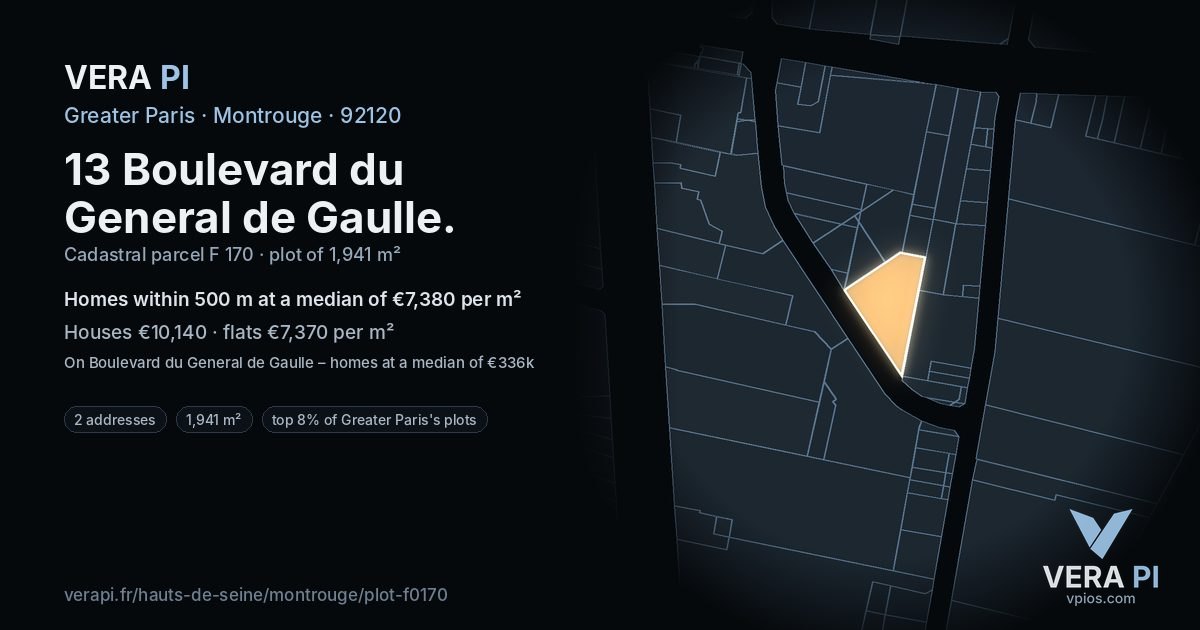 13 Boulevard du General de Gaulle, Montrouge at night – the plot lit, the parcels around coloured by the prices near them
