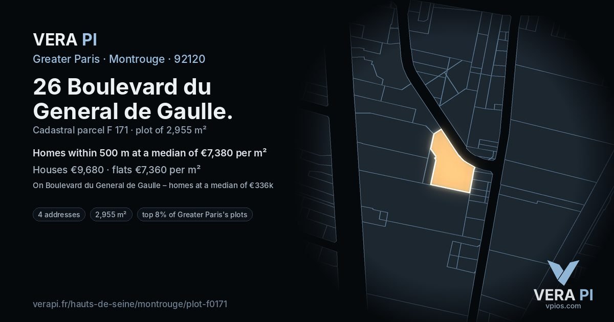 26 Boulevard du General de Gaulle, Montrouge at night – the plot lit, the parcels around coloured by the prices near them