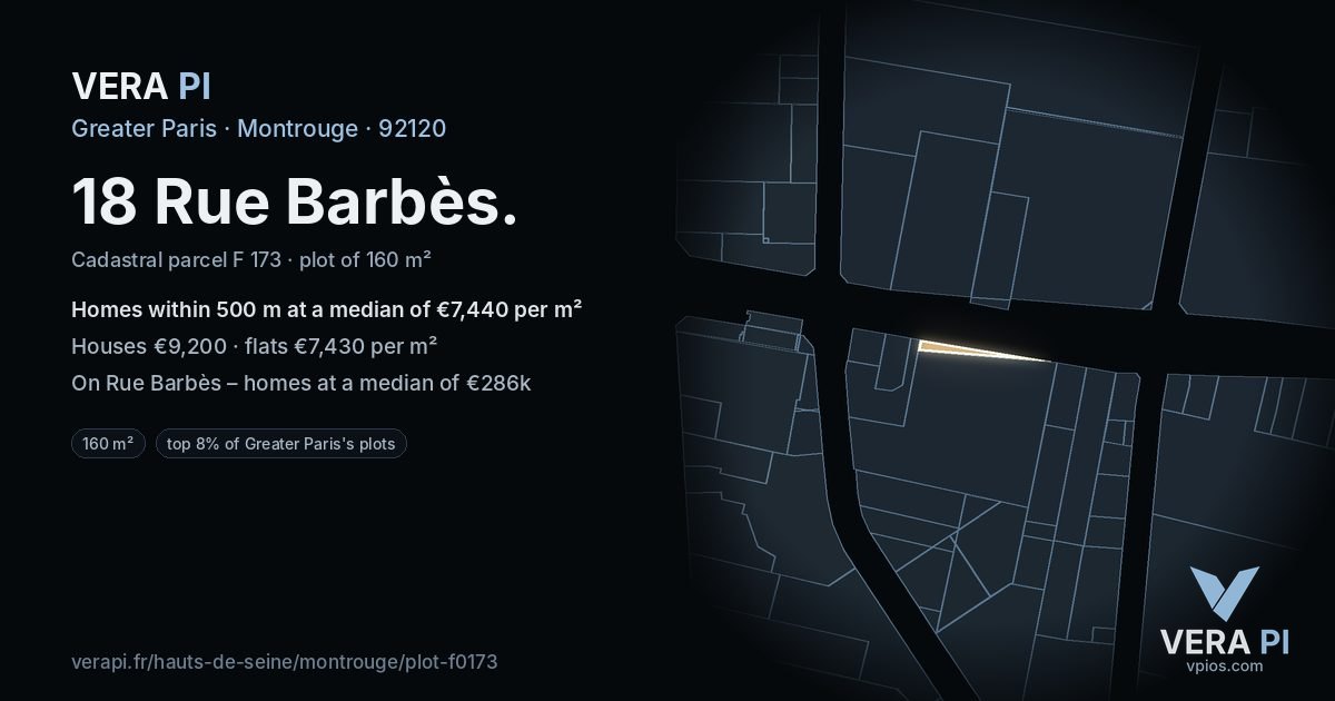 18 Rue Barbès, Montrouge at night – the plot lit, the parcels around coloured by the prices near them