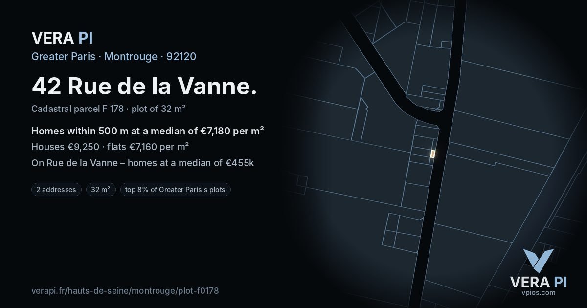 42 Rue de la Vanne, Montrouge at night – the plot lit, the parcels around coloured by the prices near them