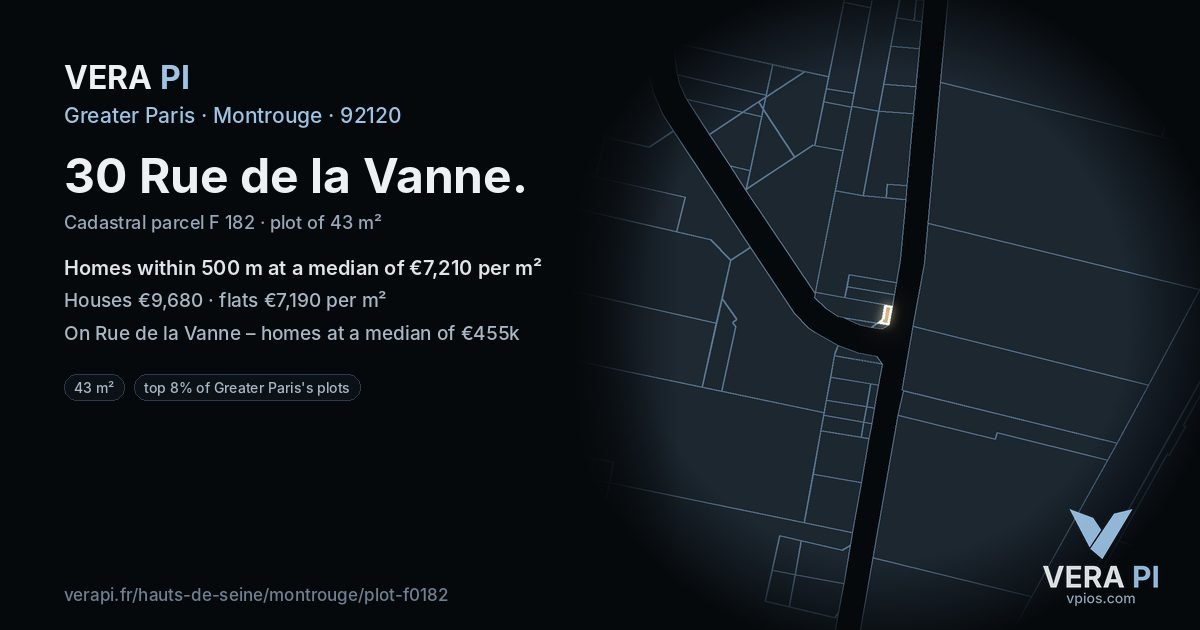 30 Rue de la Vanne, Montrouge at night – the plot lit, the parcels around coloured by the prices near them