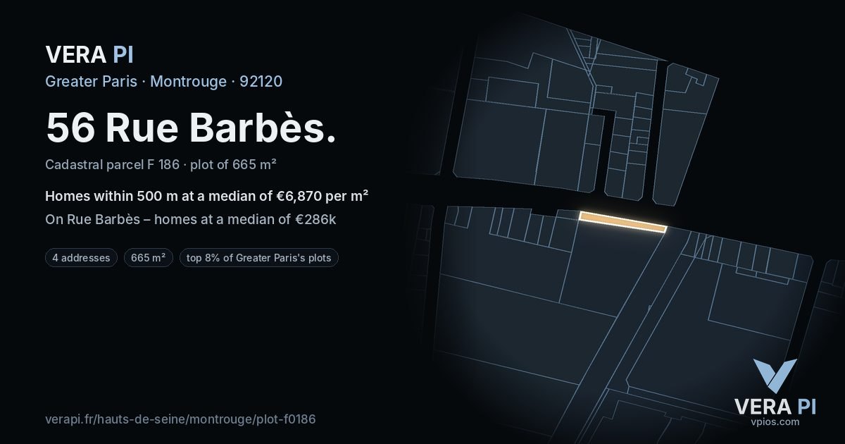 56 Rue Barbès, Montrouge at night – the plot lit, the parcels around coloured by the prices near them