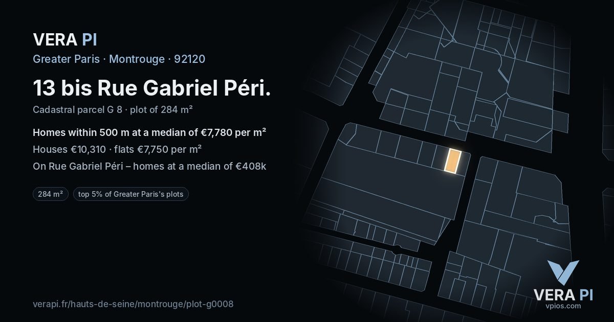 13 bis Rue Gabriel Péri, Montrouge at night – the plot lit, the parcels around coloured by the prices near them