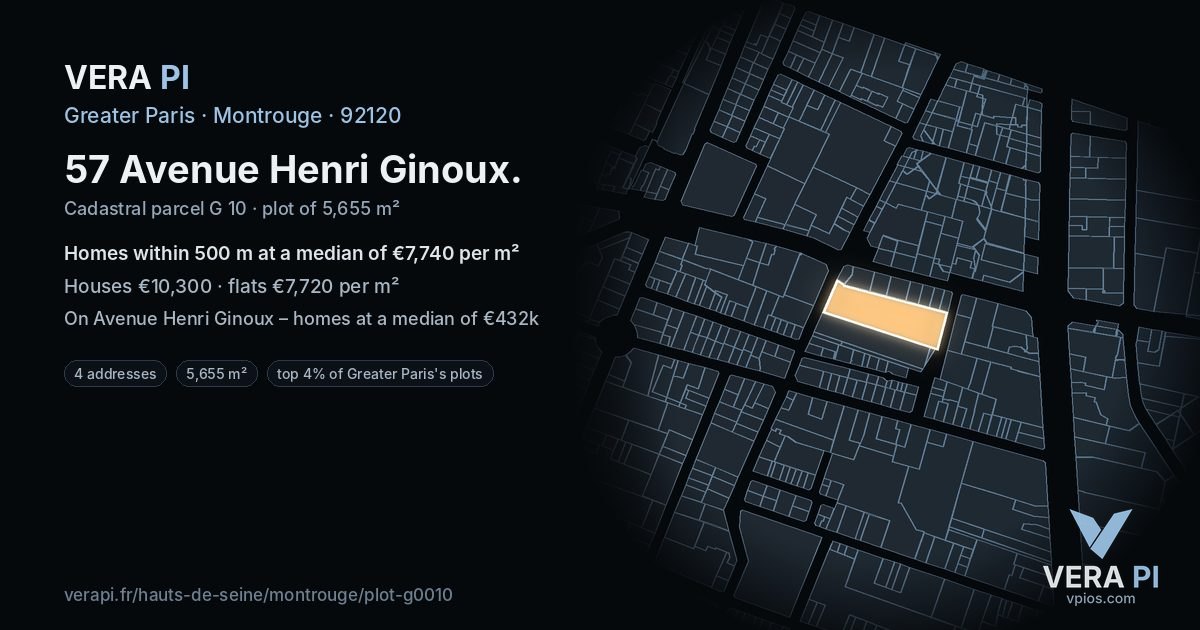 57 Avenue Henri Ginoux, Montrouge at night – the plot lit, the parcels around coloured by the prices near them