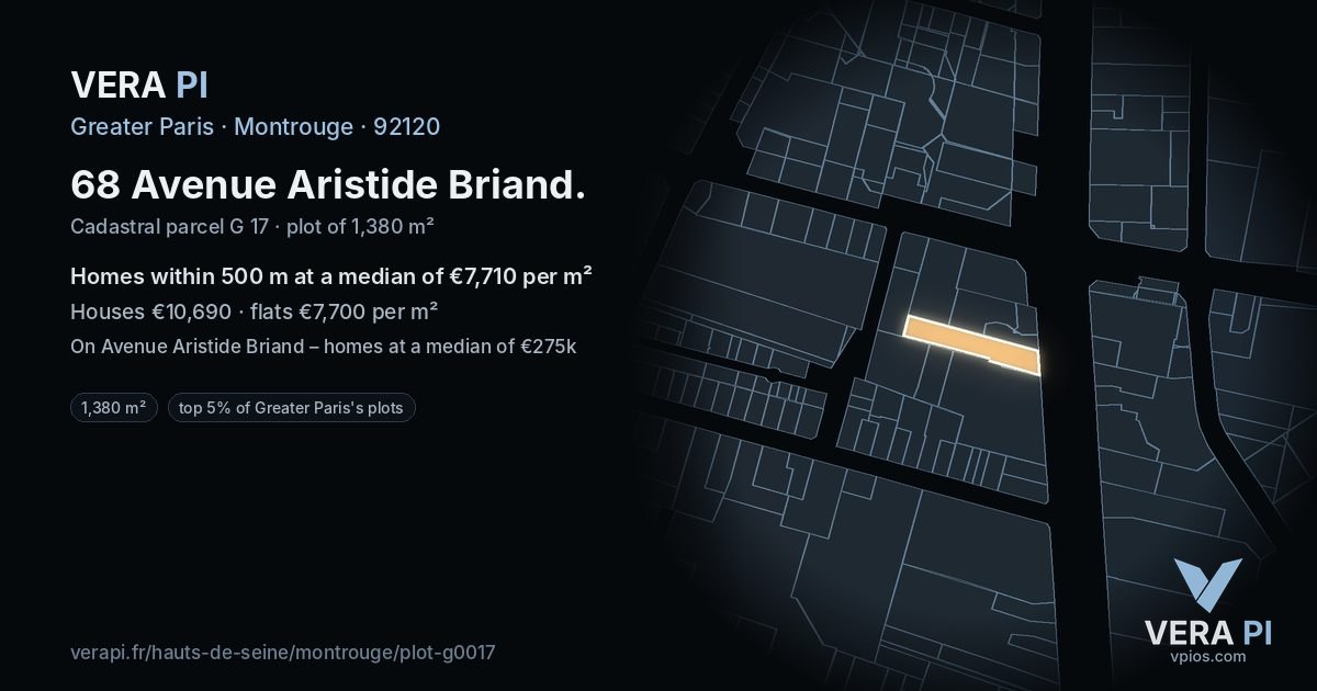 68 Avenue Aristide Briand, Montrouge at night – the plot lit, the parcels around coloured by the prices near them