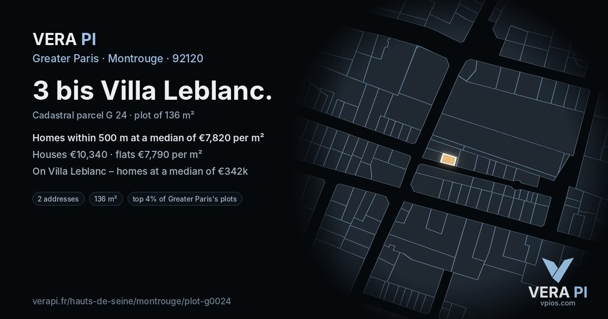 3 bis Villa Leblanc, Montrouge at night – the plot lit, the parcels around coloured by the prices near them