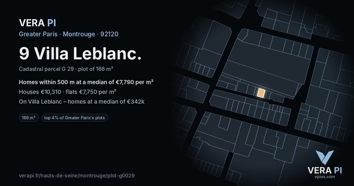 9 Villa Leblanc, Montrouge at night – the plot lit, the parcels around coloured by the prices near them