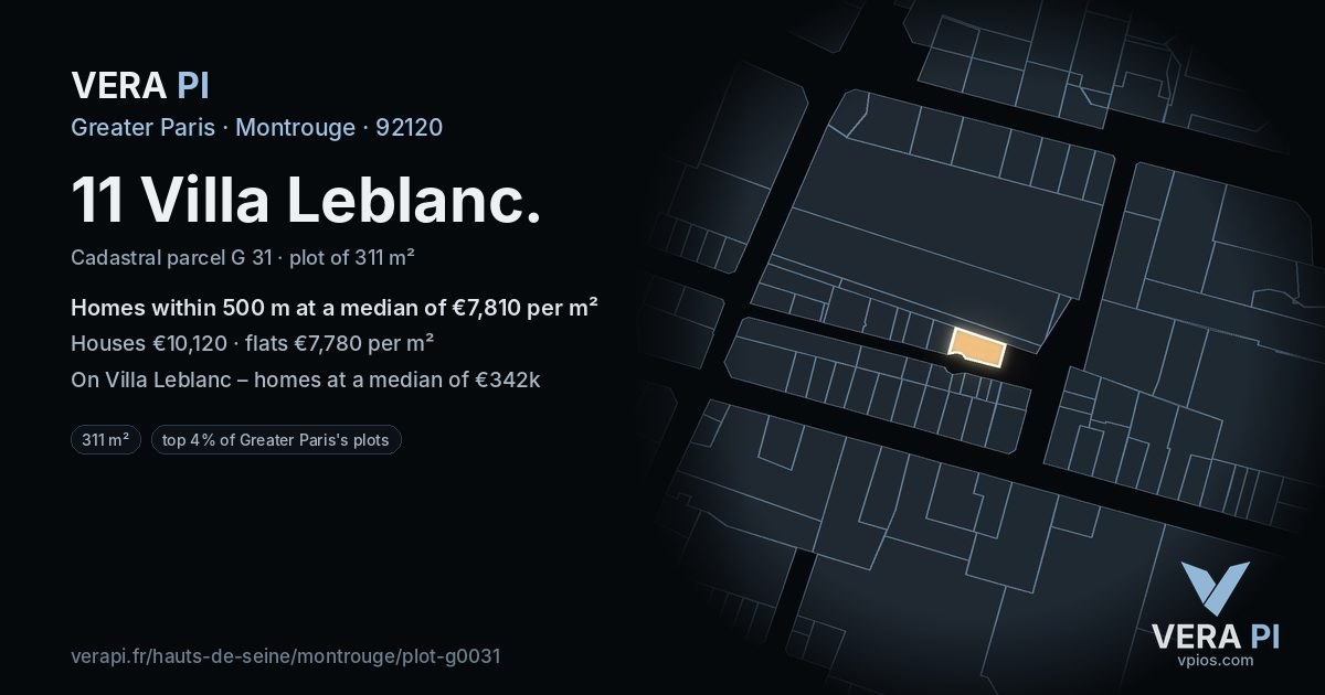 11 Villa Leblanc, Montrouge at night – the plot lit, the parcels around coloured by the prices near them