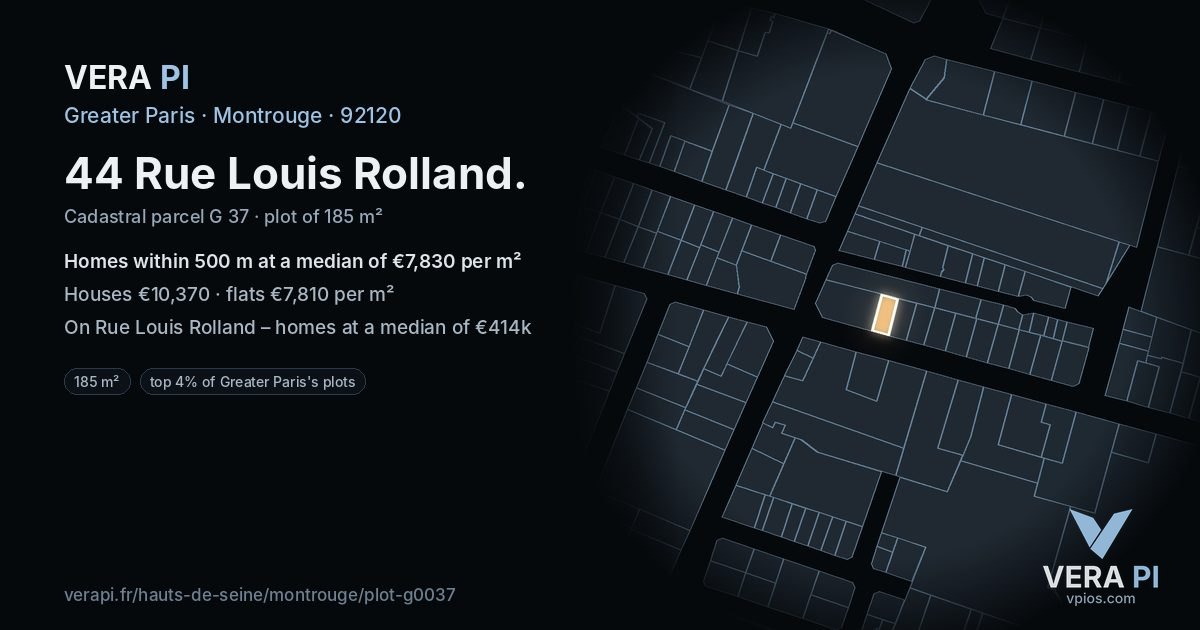 44 Rue Louis Rolland, Montrouge at night – the plot lit, the parcels around coloured by the prices near them