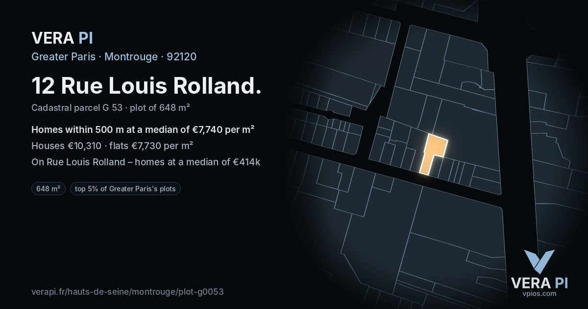 12 Rue Louis Rolland, Montrouge at night – the plot lit, the parcels around coloured by the prices near them