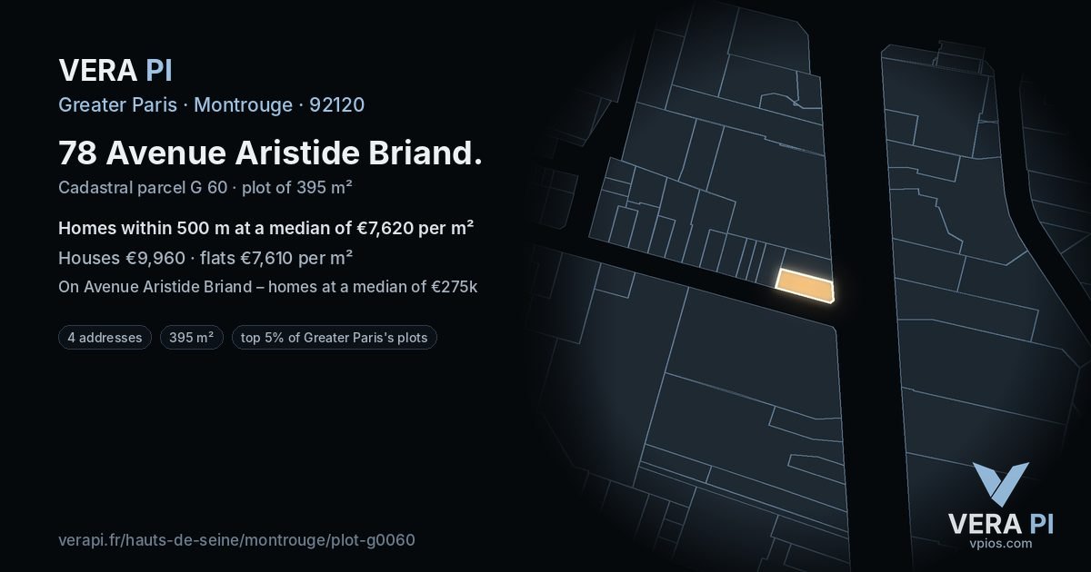 78 Avenue Aristide Briand, Montrouge at night – the plot lit, the parcels around coloured by the prices near them