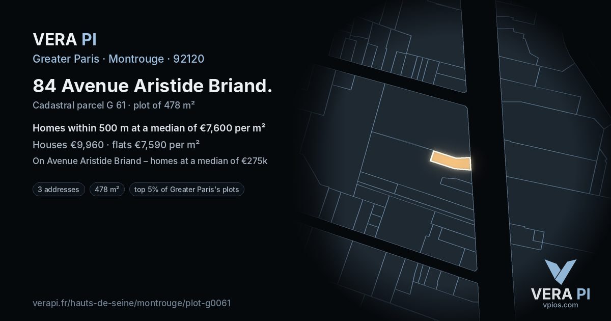 84 Avenue Aristide Briand, Montrouge at night – the plot lit, the parcels around coloured by the prices near them