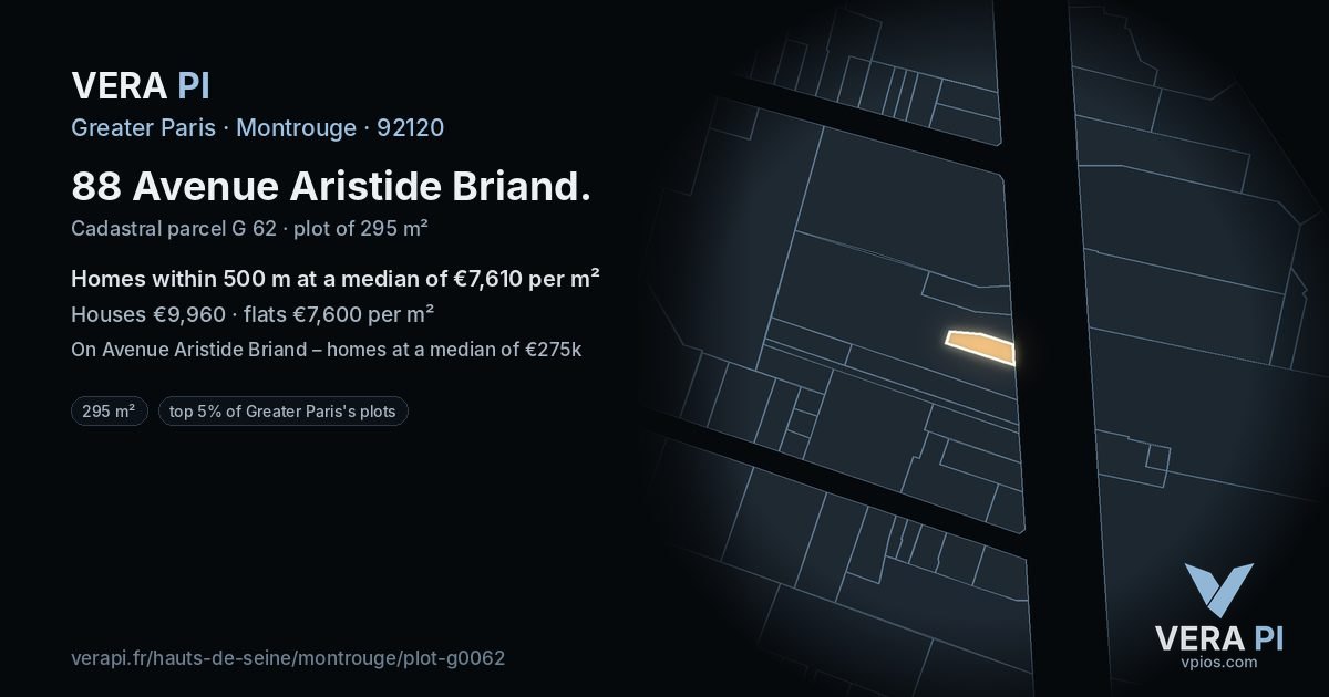 88 Avenue Aristide Briand, Montrouge at night – the plot lit, the parcels around coloured by the prices near them
