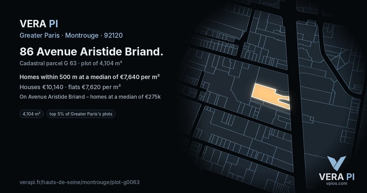 86 Avenue Aristide Briand, Montrouge at night – the plot lit, the parcels around coloured by the prices near them