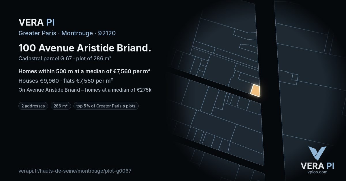100 Avenue Aristide Briand, Montrouge at night – the plot lit, the parcels around coloured by the prices near them